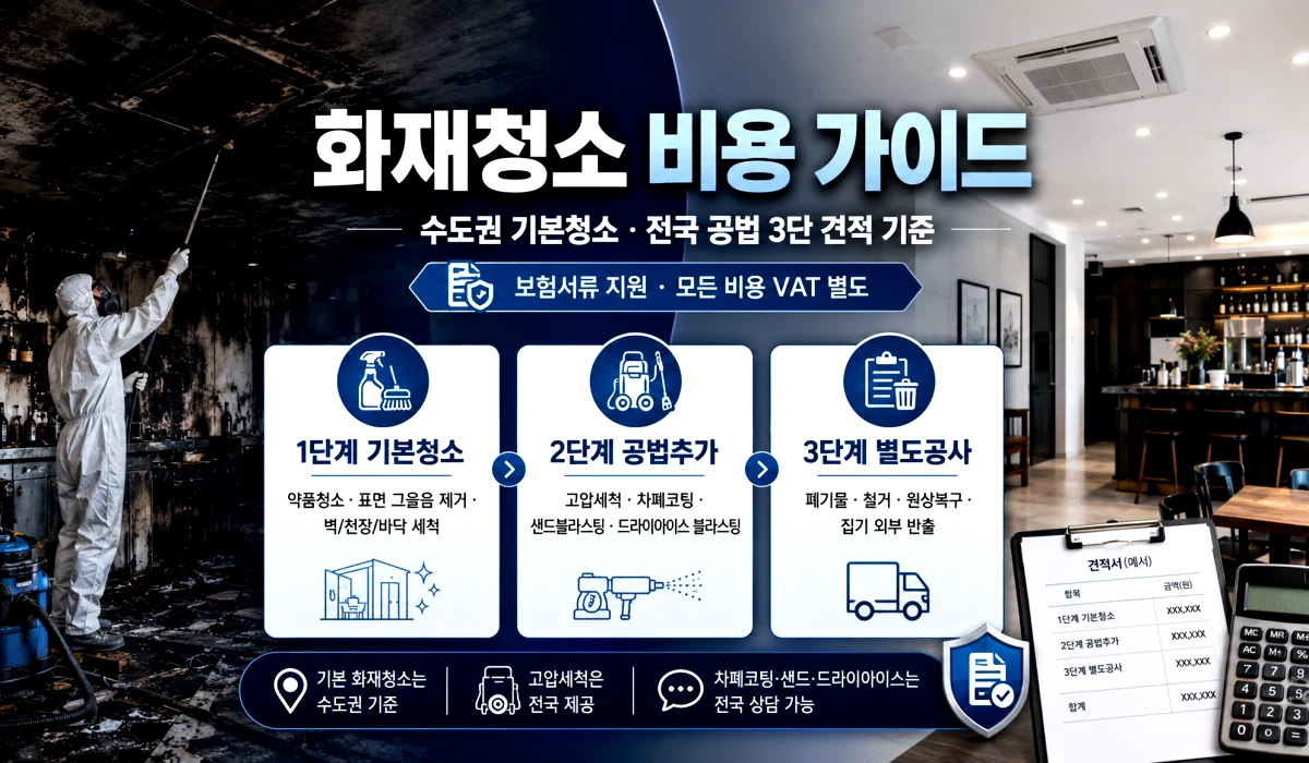 화재청소 비용 가이드 3단 견적 기준, 수도권 기본청소와 전국 공법 상담 안내 이미지
